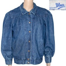 1980s Vintage Weathered Blues Denim Jacket Plaid Lined Puff Princess Sleeves XL