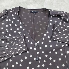 Madewell Button Front Top Womens Sz 4 Polka Dot Smocked Cuff V-Neck Blouse Black