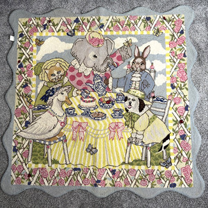 Rare Vintage Hand Hooked Wool Rug Storybook 4x4 Feet Rabbit Goose Elephant