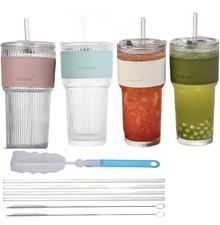 600 ml Ribbed Glass Cups with Lid and Straw, Iced Coffee Glasses, Glass Set