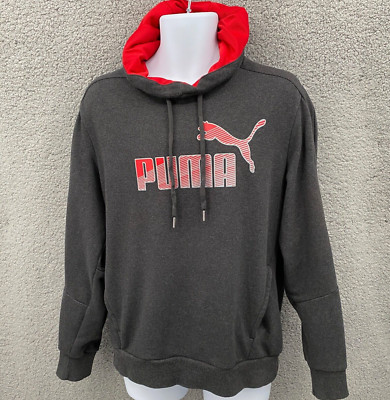 PUMA Hooded Sweatshirt Gray Men's Medium Red Logo Mesh Lined Hood Keeps You Dry