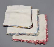 Vintage Ladies Hankies Crochet Edging Lace Linen Pastels, Pink, Brights 3 Pcs