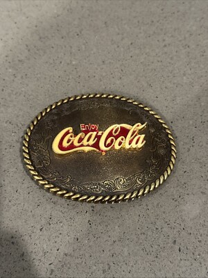 Vintage Enjoy Coca Cola Oval Gold Red Belt Buckle Raintree Coke 1980s Soda Pop