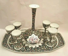 Vintage Islamic Persian Mina Art Enamel Paint Copper Wine Jug Tray & 6 Cups Set