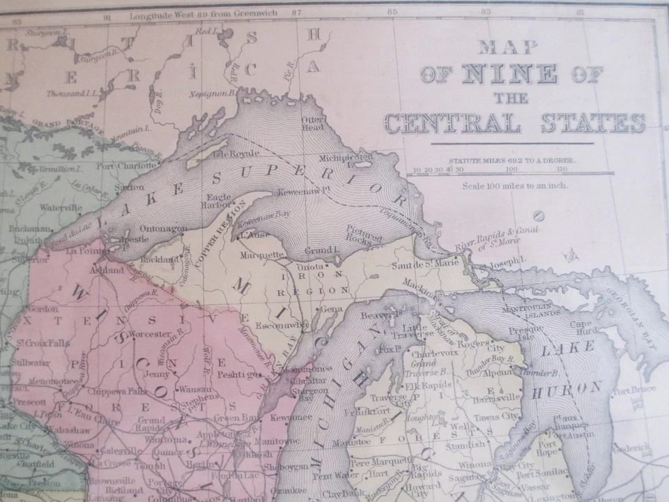 Antiguo mapa coloreado a mano de los nueve estados centrales de 1800 Cowperthwait 12,75 x10 Foto 3 de 4