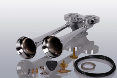 Lkw Druckluft Doppel Horn 38/42cm + Schlauch + Zugventil Fanfare Hupe Signal NFZ
