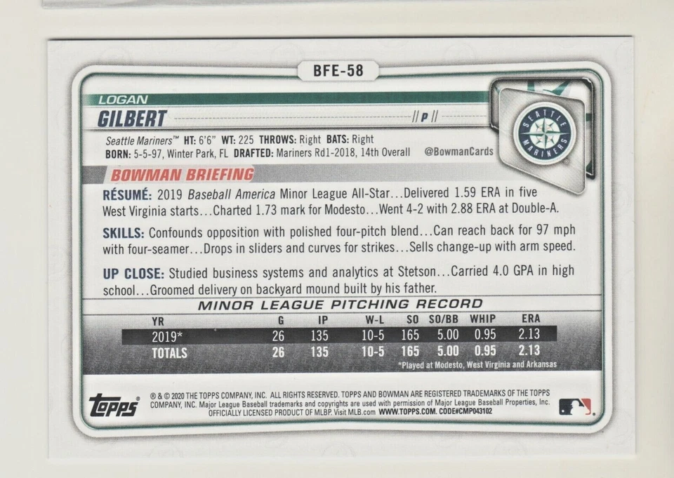 2020 Bowman Prospects FIRST EDITION #BFE-58 LOGAN GILBERT RC Rookie Mariners - Image 2 of 2