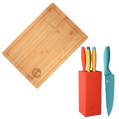 MasterChef FSC Bambus Schneidebrett + Messerblock + 6-teiliges Küchenmesserset 