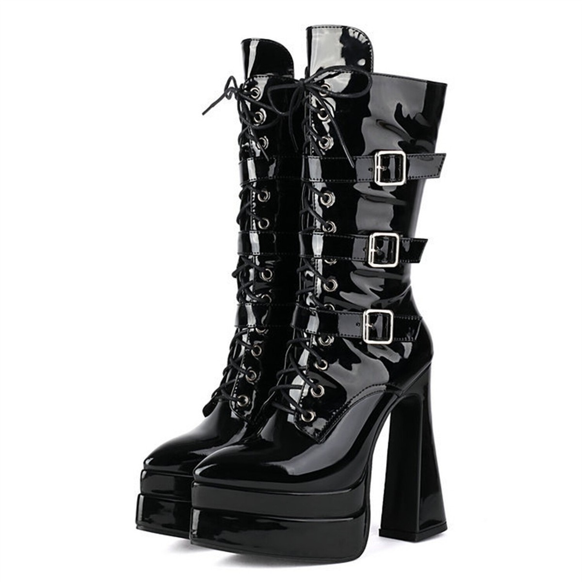 Women's Lace Up and Zipper Ankle Boots Multi Buckles Decor