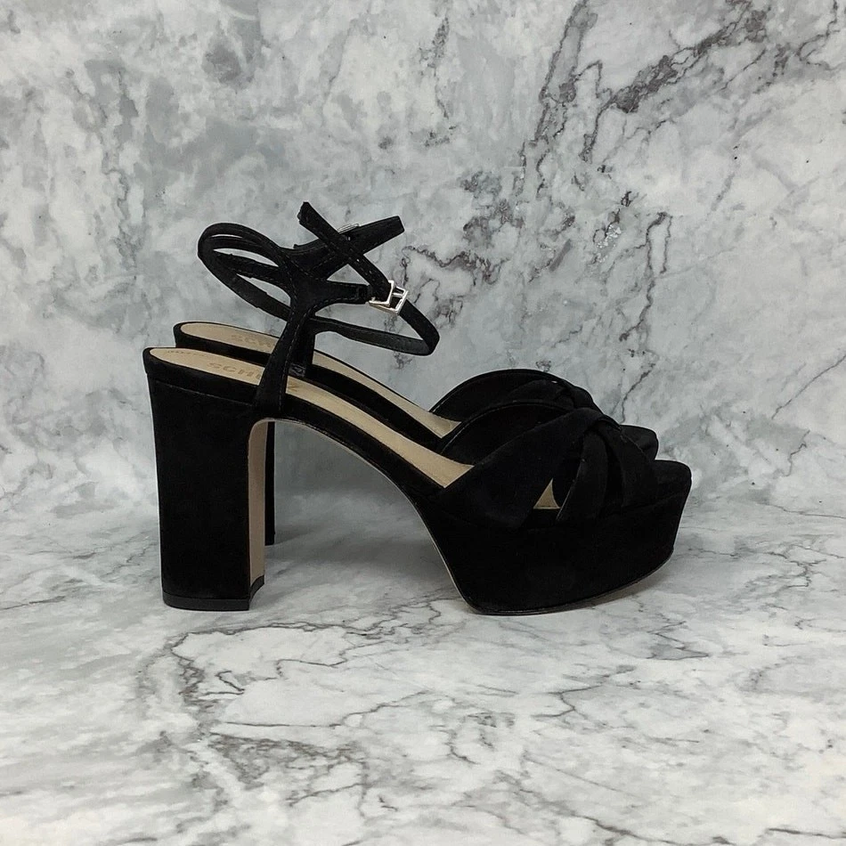 Sandalias de plataforma Schutz talla 8,5B negras nobuck Keefa tacón bloque correa al tobillo A8-1 Foto 3 de 4