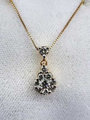 Nachlass 14k Gelbgold 0,4 ctw Nat Diamant Träne Cluster Anhänger Halskette 18''