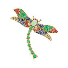Vint Opal & Multi-Gmstn Dragonfly Pin w Diamonds in 14k Gold