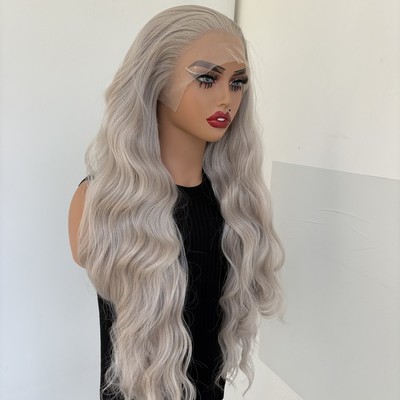 Long Wavy Kleberfreie Lace-Front-Perücken Weich Silber Hitzebeständiges Haar