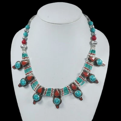 Collier ras du cou déclaration ethnique turquoise corail déclaration bijoux p... - Photo 1/4