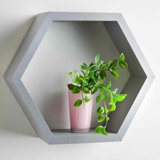 Hexagon Floating Wall Shelf Unit Grey Wooden Honeycomb Shelves for Living Room