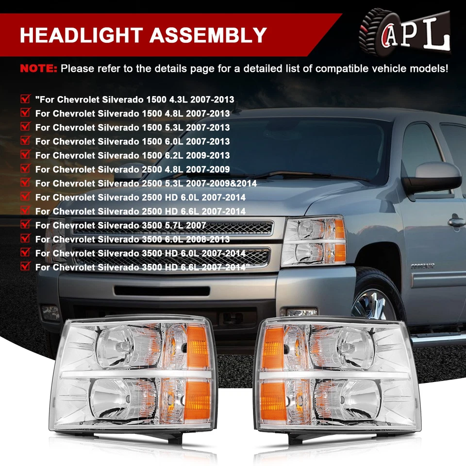 Kit para Chevy Silverado 1500 2500 HD 2007-2013 Juego de carcasa de faros cromados Foto 2 de 4