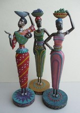 SET OF 3 AFRICAN TRIBAL WOMEN COLOURFUL FIGURES FIGURINES ORNAMENTS