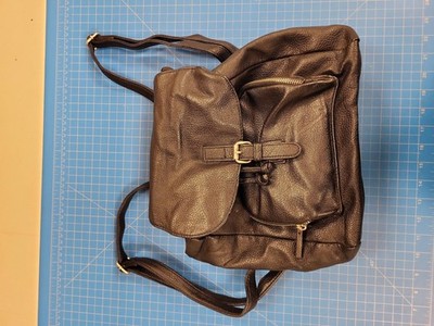 Womens Black Faux Leather Backpack Handbag Purse Drawstring Buckle Front Pocket