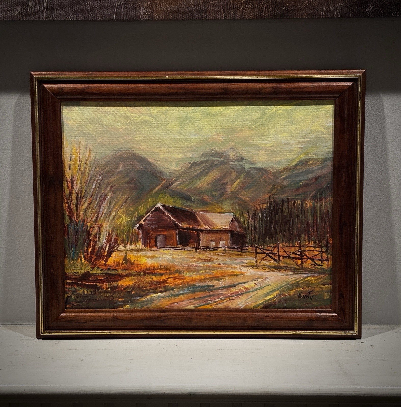 Original Western Landscape Painting Cabin Mountain Scene Warm Colors Framed Art