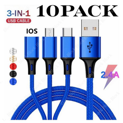 Lot of 10X 3 in 1 USB Charger Cable 3A Fast Charging For iPhone Samsung Android