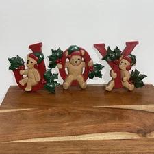 Vintage 90s Joy Teddy Bear Wall Hangings Set of 3 Christmas Decor Grandma