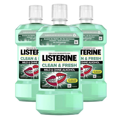 3x LISTERINE Clean & Fresh je 500ml Mundspülung ohne Alkohol mit ätherischem Öl