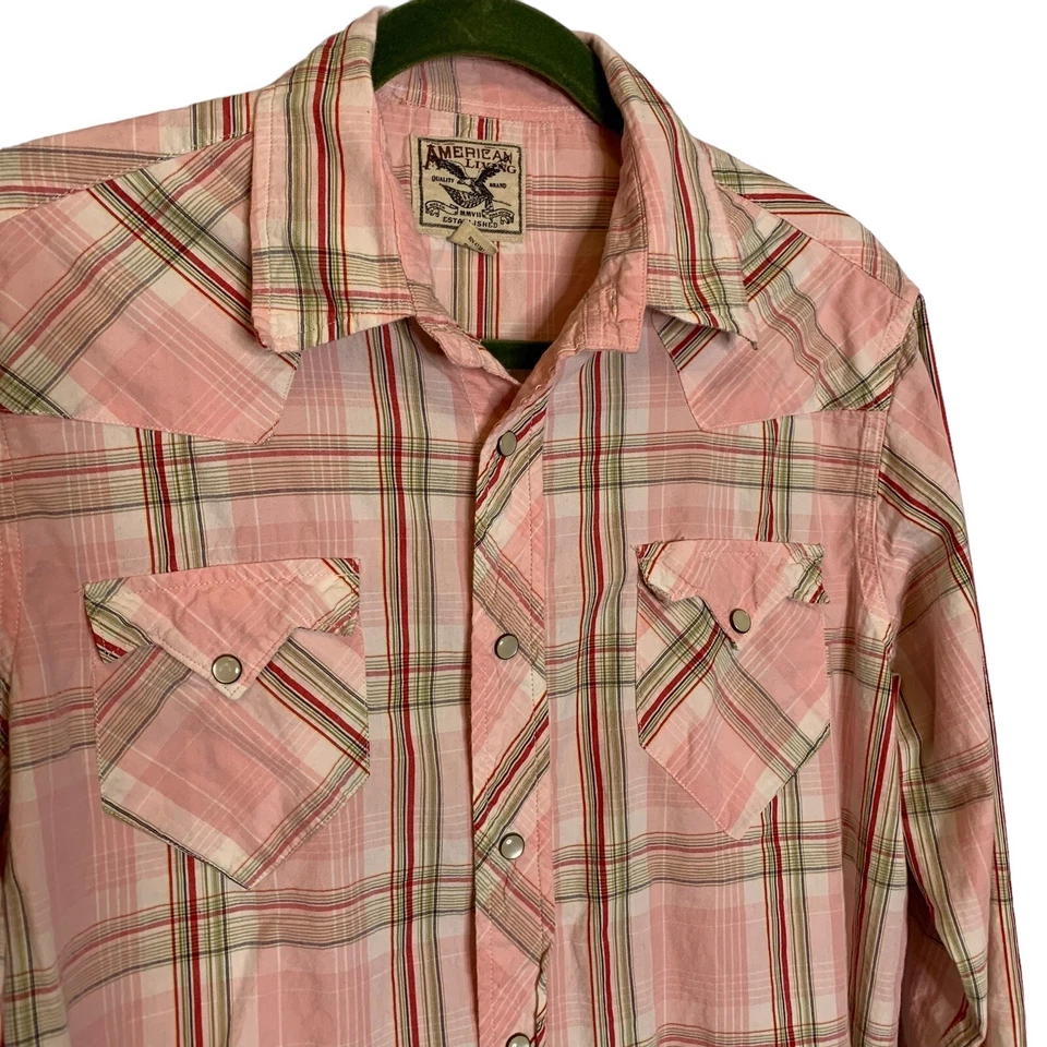 Blusa para mujer American Living grande rosa a cuadros manga larga perla a presión occidental Foto 2 de 4