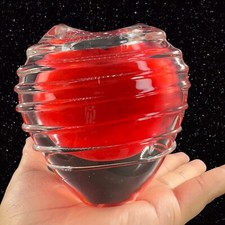 Heart Art Glass Vase Candle Holder Red Inside With Clear Swirls Heavy Thick