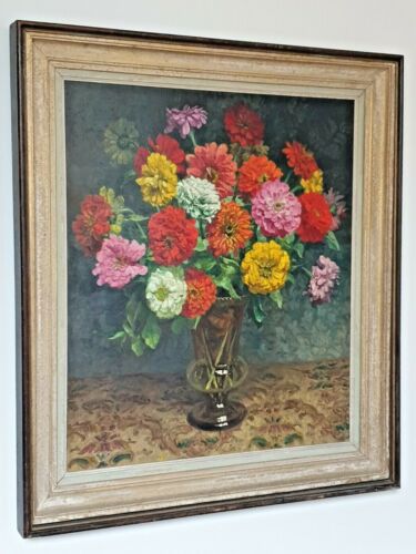Oswald Poreau Grand tableau ancien 86 x 76 Bouquet de zinnias Huile sur panneau - Foto 1 di 10