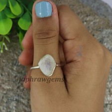 Natural Raw Rainbow Moonstone Sterling Silver Healing Midi Bezel Ring Jewelry