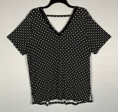 DR2 Top Womens Sz Large Black Ivory Polka Dot V-Neck Keyhole Back  Short Sleeves