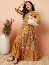 Mustard Yellow Floral Printed Cotton Anarkali Kurta Women Gown Long Kurti Dress