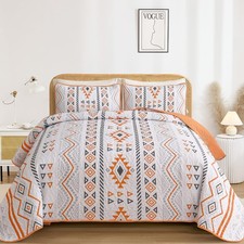 Boho Aztec Quilt Set King Size 3 Pieces Terracotta Ultra Soft Lightweight Fal...