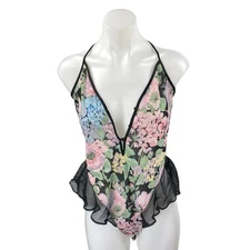 VTG Victoria's Secret Multicolor Floral Mesh Ruffle Lingerie Teddy Bodysuit Sz S