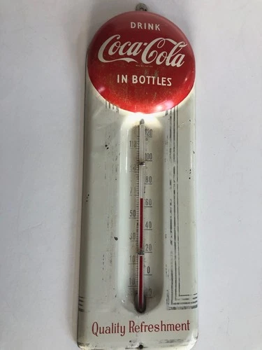 Vintage Coca-Cola Coke tin red and white button thermometer ca. 1950's-1960's