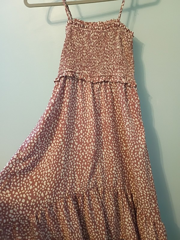 Girls Brown White Polka Dot Midi Sundress Sleeveless Square Neck Button