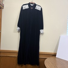 Diamond Tea Robe Women M House Coat Dress Blue Velvet Full Zip Vintage Lace Trim