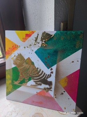 Abstract Tiger Painting with Gold Leaf and Colorful Geometric Shapes