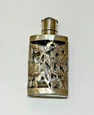 Vintage Sterling Silver Overlay Glass Mini Vanity Perfume Bottle w/ Flower Cap