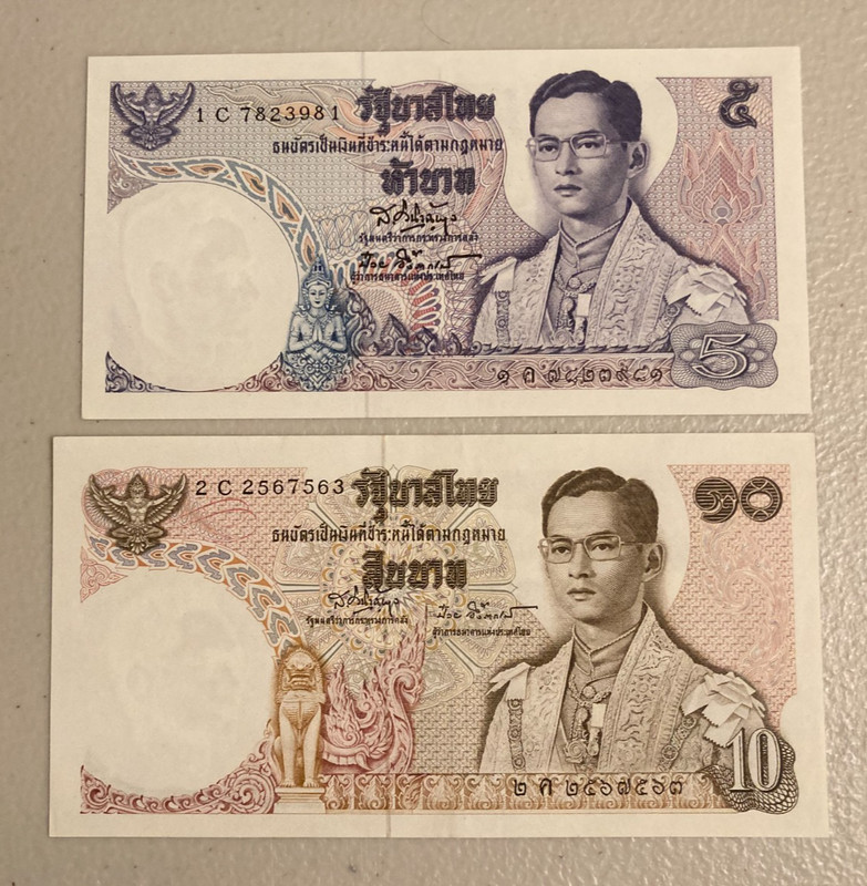 THAILAND - Beautiful Set of 2 Uncirculated banknotes - 5 baht and 10 baht -Crisp
