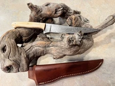 Custom Damascus Steel Fillet Fishing Knife & leather sheath white bone handle