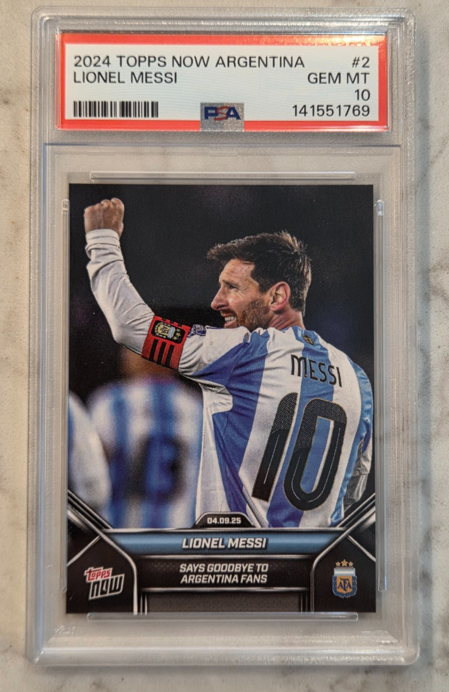 PSA 10 Lionel Messi 2024-25 Topps Now #002 Says Goodbye to Argentina Fans 2 2025 view 1