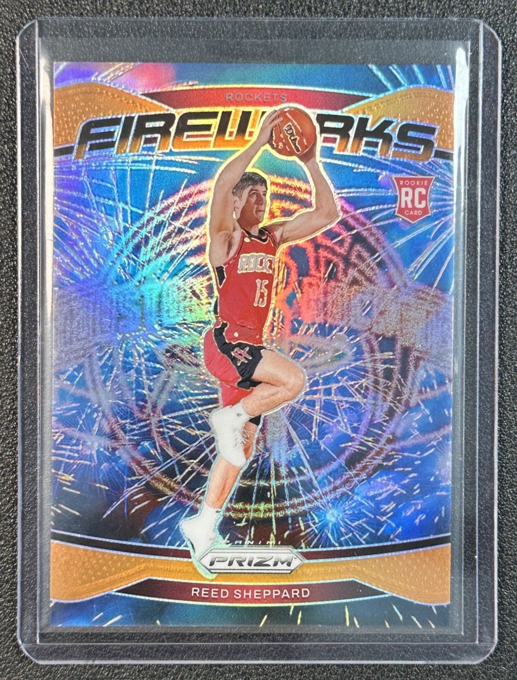 REED SHEPPARD 2024-25 PANINI PRIZM #15 ROOKIE FIREWORKS ORANGE RC 40/49 ROCKETS