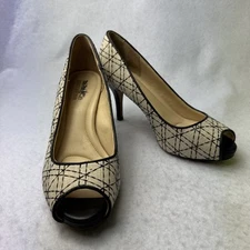 Coach And Four Womens Peep Toe Heels Linen And Black Size 8 Geometric Design