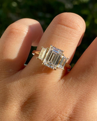 Three Stone Emerald Cut CZ Diamond Engagement Ring, Trilogy Wedding Ring For Her