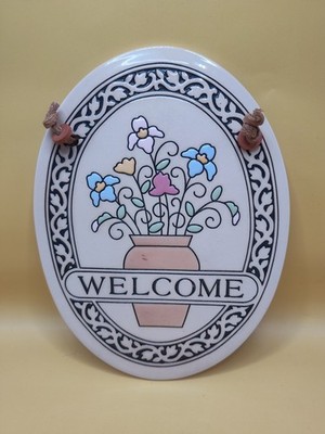 Vtg Trinity Pottery Welcome Plaque Pot of Flowers Spooner Wisconsin 7.25  High