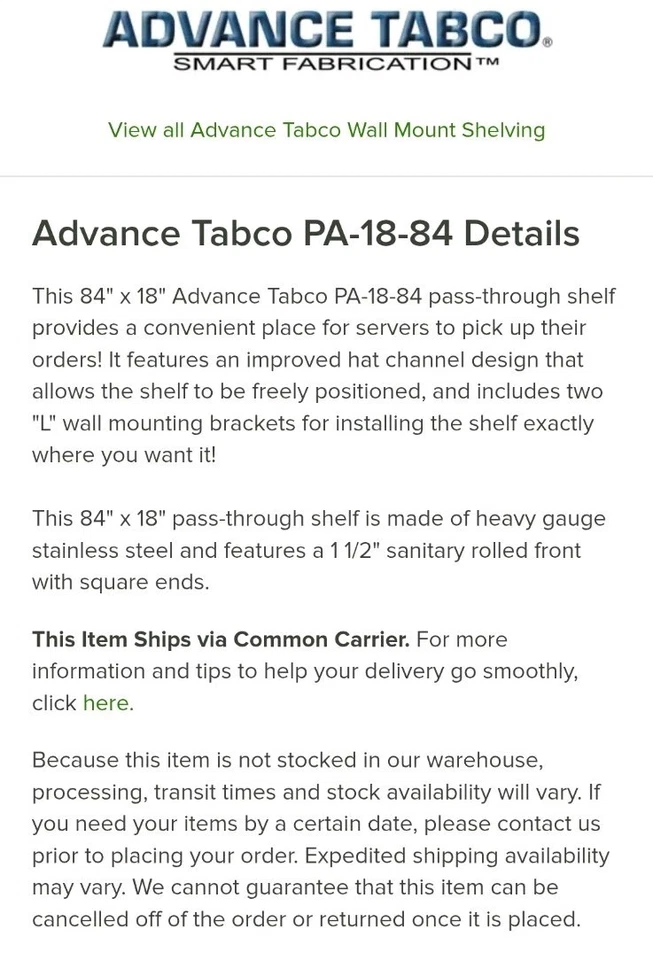 Prateleira Pass-Thru Advance Tabco PA-18-84 84" de largura x 18" de profundidade 430 de aço inoxidável - Imagem 3 de 4