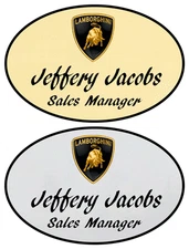 1 GOLD & 1 SILVER OVAL LAMBORGHI PERSONALIZED NAME BADGES W/ SAFETY PIN FASTENER