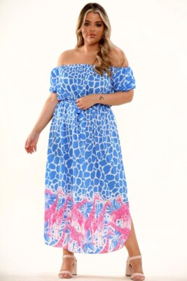 New Blue & Multi Colour Giraffe Summer Bardot Maxi Dress One Size 16-18-20-22