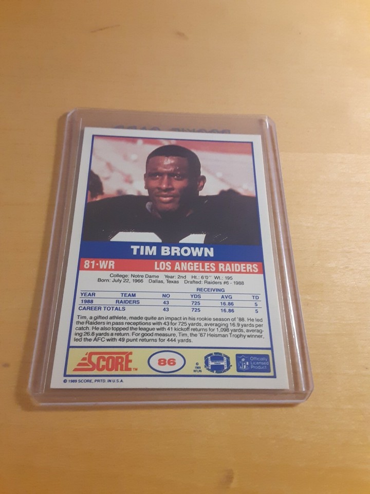 1989 Score #86 TIM BROWN Los Angeles Raiders ROOKIE Football Card, WR ...